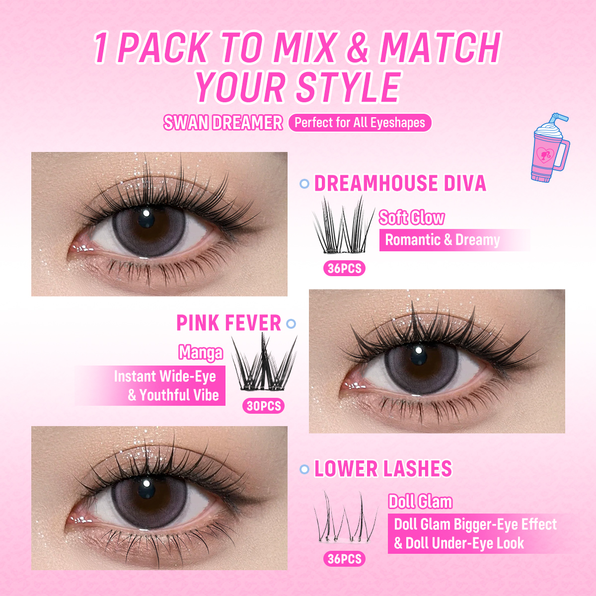 WINK ERA  Remix Glue-Free Cluster Eyelashes Set-Barbie Collection